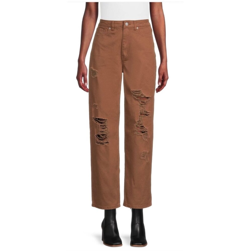 Women’s 100% Cotton High Rise Brown Distressed Wide Leg Jeans Size 11 - Picture 11 of 12
